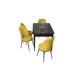 Hanah Home trpezarijski set Via, sto na razvlačenje i 4 stolice, ploča u dekoru crnog mermera, senf žuta tkanina Jerry