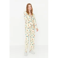 Trendyol Multicolored 100% Cotton Patterned Shirt-Pants Knitted Pajama Set