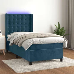 Greatstore Box spring postelja z vzmetnico LED temno modra 100x200cm žamet