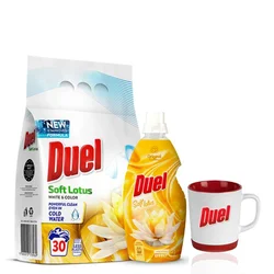 DUEL set praškasti deterdžent Soft Lotus 2,7kg, DUEL omekšivač Soft lotus 1,6l i DUEL šolja za kafu