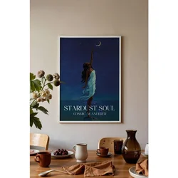 WallXpert uramljena slika 115215, žena u beloj haljini pruža ruku ka mesecu na noćnom nebu, 50 x 70 cm, beli ram