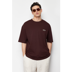 Trendyol Brown Oversize 100% Cotton Crew Neck Minimal Text Printed T-Shirt