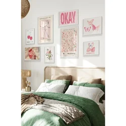 WallXpert set od 8 uramljenih slika Çgs-016, roze motivi – balerina, Matisse cvetni plakat, leptiri, flamingosi i natpis Okay, beli ram