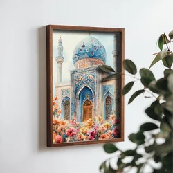 WallXpert uramljena MDF slika NAL068-70, plava džamija sa kupolom i minaretima među cvećem, 50 x 70 cm