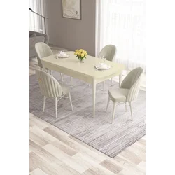 Hanah Home trpezarijski set Roz, sto na razvlačenje i 4 stolice, krem ploča, bele noge, krem tkanina Babyface