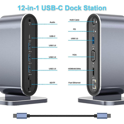 Docking station / HUB Type-C na LAN Gb/ SD card/ TF/ PD/ Type-C/ 4xUSB 3.0/ Audio/ HDMI i VGA 12 u 1 sa postoljem