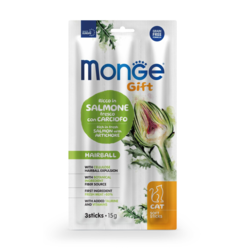 MONGE GIFT Poslastica za mačke Grain Free Hairball losos i artičoka 3/1