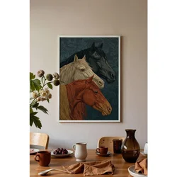 WallXpert uramljena slika 115196, tri konja, crni, beli i riđi, na tamnoplavoj pozadini sa lišćem, 50 x 70 cm, beli ram