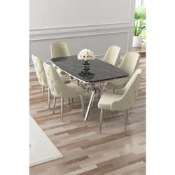 Hanah Home trpezarijski set Asel, sto i 6 stolica, ploča u dekoru Sonata, hromirane noge, krem tkanina Babyface