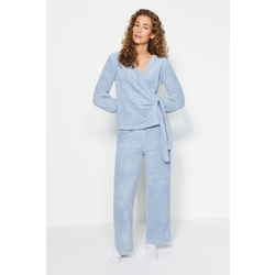 Trendyol Light Blue Double-Breasted Collar Wellsoft Shirt-Pants and Knitted Pajamas Set