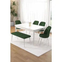 Hanah Home trpezarijski set Pir, sto, 4 stolice i klupa, bela ploča, kaki zelena tkanina Babyface