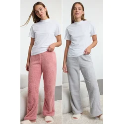 Trendyol Pink-Grey 2-Pack Plush Knitted Pajama Bottoms