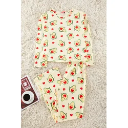 Trendyol Green-Multicolored 100% Cotton Avocado and Heart Patterned Knitted Pajama Set