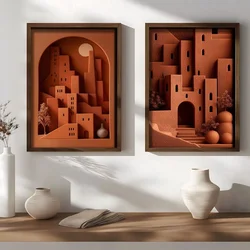 WallXpert set uramljenih MDF slika NAL207-70, stilizovani grad sa kulama i lučnim prolazima u terakota tonovima, 2 x 50 x 70 cm