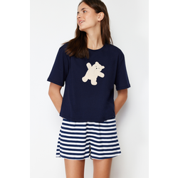 Trendyol Navy Blue 100% Cotton Teddy Bear Printed Knitted Pajamas Set