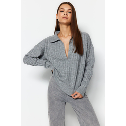 Trendyol Gray Soft Textured Polo Collar Knitwear Sweater
