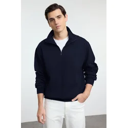 Trendyol Navy Blue Oversize/Wide Cut Stand Collar Sweatshirt with Labeled Fleece Inside