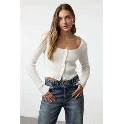 Trendyol Ecru Crop Square Neck Knitwear Cardigan