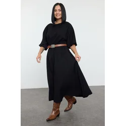 Trendyol Curve Black Textured Balloon Sleeve Midi Woven Plus Size Dress
