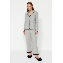 Trendyol Gray Melange 100% Cotton Ruffled Welt Shirt-Pants Knitted Pajamas Set