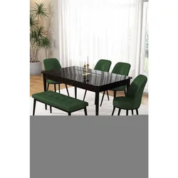 Hanah Home trpezarijski set Pir, sto, 4 stolice i klupa, ploča u dekoru crnog mermera, kaki zelena tkanina Babyface
