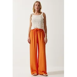 Happiness Istanbul Womens Orange Flowy Knitted Palazzo Trousers