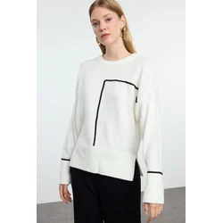 Trendyol Ecru Soft Texture Color Block Crew Neck Knit Sweater