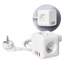 Kockasti produžni kabl sa prekidačem LINEA 3x230V + 4xUSB A/C, beo