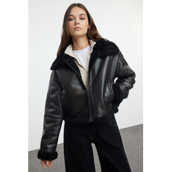 Trendyol Brown Oversize Molded Plush Detail Biker Jacket Coat