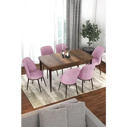 Hanah Home trpezarijski set Via, sto na razvlačenje i 6 stolica, ploča u dekoru drveta Baroque, roze tkanina Jerry