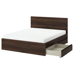 STORKLINTA Posteljni okvir s 4 predali, temno rjava imitacija hrasta/Lindbaden, 140x200 cm