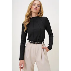 Trend Alaçati Stili Womens Black Stand Collar Ribbed Stitched Buzy Blouse