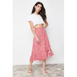 Trendyol Red Printed High Waist Flexible Skirt with Gather Detail and Flounce