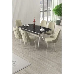 Hanah Home trpezarijski set Nis, sto na razvlačenje i 6 stolica, ploča u dekoru crnog mermera, hromirane noge, krem tkanina Babyface