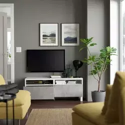 BESTA TV stalaža s fiokama, bela/Kallviken/Stubbarp svetlosiva, 120x42x48 cm