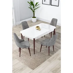 Hanah Home trpezarijski set Lia, sto na razvlačenje i 4 stolice, bela ploča, noge boje oraha, siva tkanina Babyface