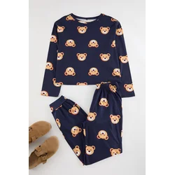 Trendyol Navy Blue 100% Cotton Teddy Bear Patterned Knitted Pajama Set