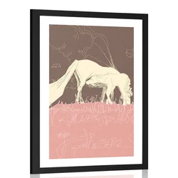 Plakat s paspartujem konj na rožnatem travniku - 60x90 black