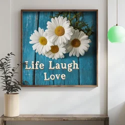 WallXpert uramljena MDF slika DOS046-50, bele rade na plavoj dasci sa natpisom „Life Laugh Love“, 50 x 50 cm