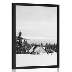 Plakat lesena koča v zasneženi naravi v črnobeli varianti - 20x30 no frame