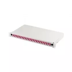 FO patch panel with equipment 19 1U, 24x LC dx, OM4, adapters, retractable, grey