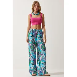 Happiness Istanbul Womens Turquoise Patterned Flowing Viscose Palazzo Trousers