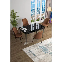Hanah Home trpezarijski set Han, sto na razvlačenje i 4 stolice, ploča u dekoru crnog mermera, terakota tkanina Jerry