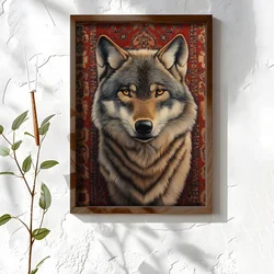 WallXpert uramljena MDF slika NAL078-70, vuk ispred crvenog orijentalnog ćilima, 50 x 70 cm