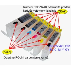 Komplet 6 kartuš Fenix PGI-550 + CLI-551 Bk + C + M + Y + GY z ARC čipom -Polnilnih brez črnila