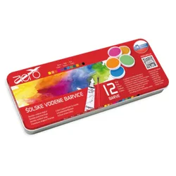 Boje vodene Aero 30mm, 12 kom u limenoj kutiji, drvena četkica i bijela tempera