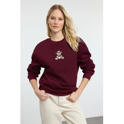 Trendyol Claret Red Relaxed/Comfortable Pattern Embroidered Thick Knitted Sweatshirt