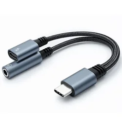 Qoltec adapter 2v1 USB-C | USB-C | Vtičnica 3,5 mm | PD 15 W | 10 cm | Aluminij