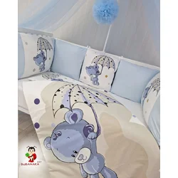 Bubamara037 Set za krevetac sa ogradicom od jastuka, sa lastišom, Plavo-Beli