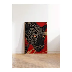 WallXpert uramljena slika 115270, leopard narandžastih očiju na crvenoj pozadini, 30 x 40 cm, ram u boji prirodnog drveta
